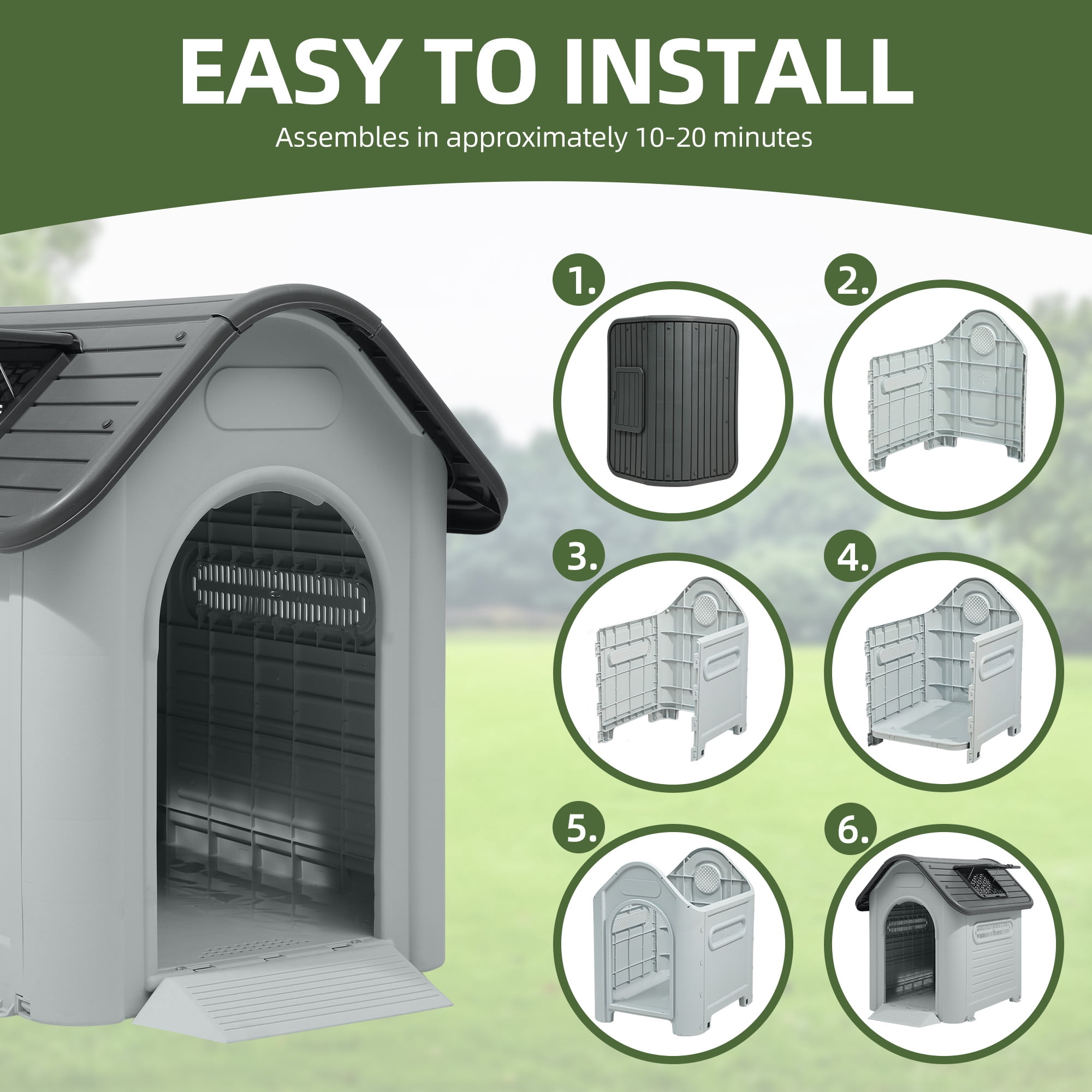 Uforic Extra-Large Waterproof Plastic Dog House with Adjustable Skylight and Elevated Floor, Outdoor Indoor Doghouse Puppy Shelter,Gray,39.4''Lx 33.5''Wx 37.8''H