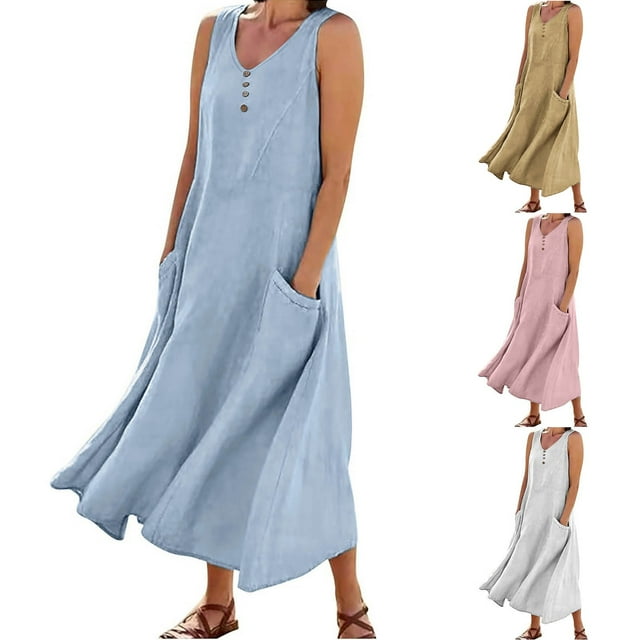 Jinhomg Robe Débardeur Grande Taille pour Femmes Décontractée Ample Coton Lin Robe Maxi Légère Confortable Sans Manches Col Rond Robes d'Été de Vacances avec Poches Rabais de 90 Liquidation Bleu m