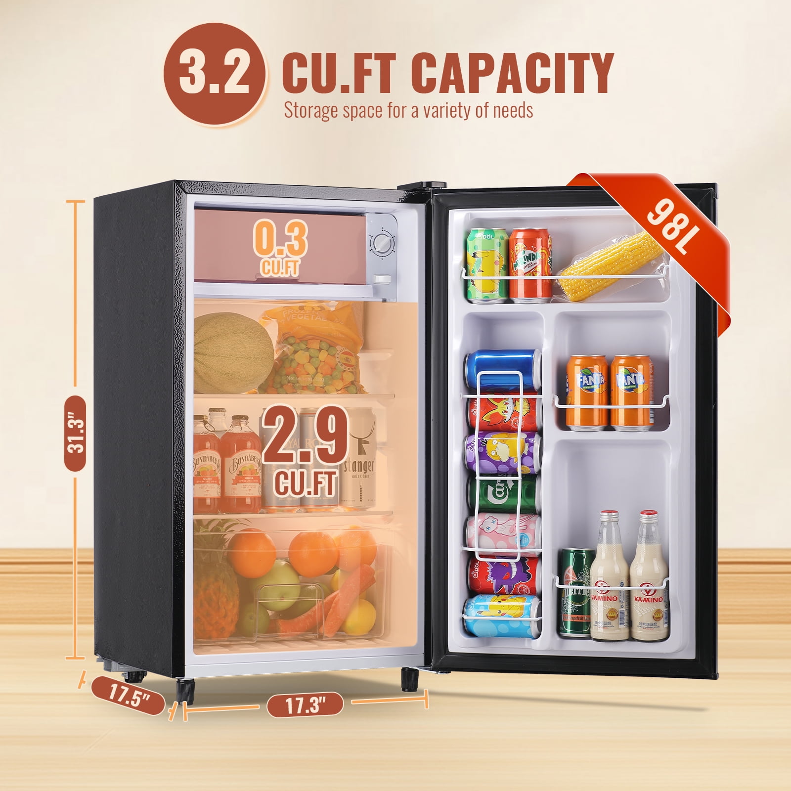 DEMULLER 3.2 Cu.ft Mini Refrigerator Mini Fridge with Freezer Singel Door Drink Holder New Silver