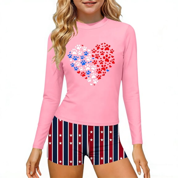 Edvintorg Girls Swimsuits Size 10-12 Independence Day 4Th Of July Long Sleeve Swim Top and Boyshort Bathing Suits for Girls