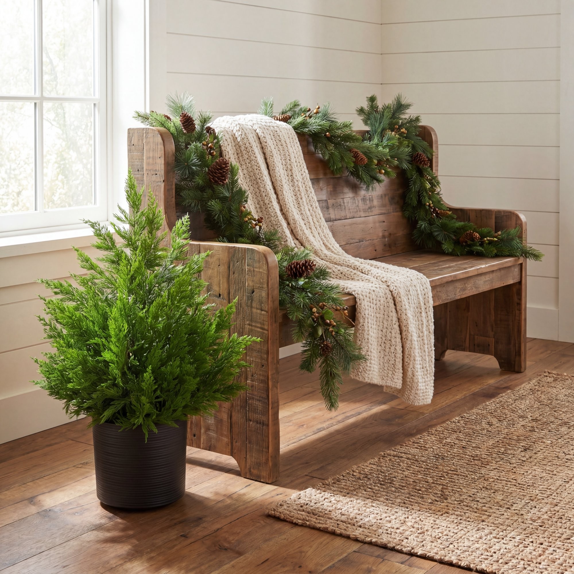 28in. Artificial Real Touch Winter Cypress Bush in Black Decorative Planter