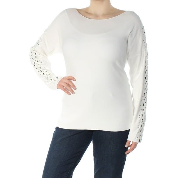 INC INC Womens White Embellished Long Sleeve Boat Neck Sweater Plus