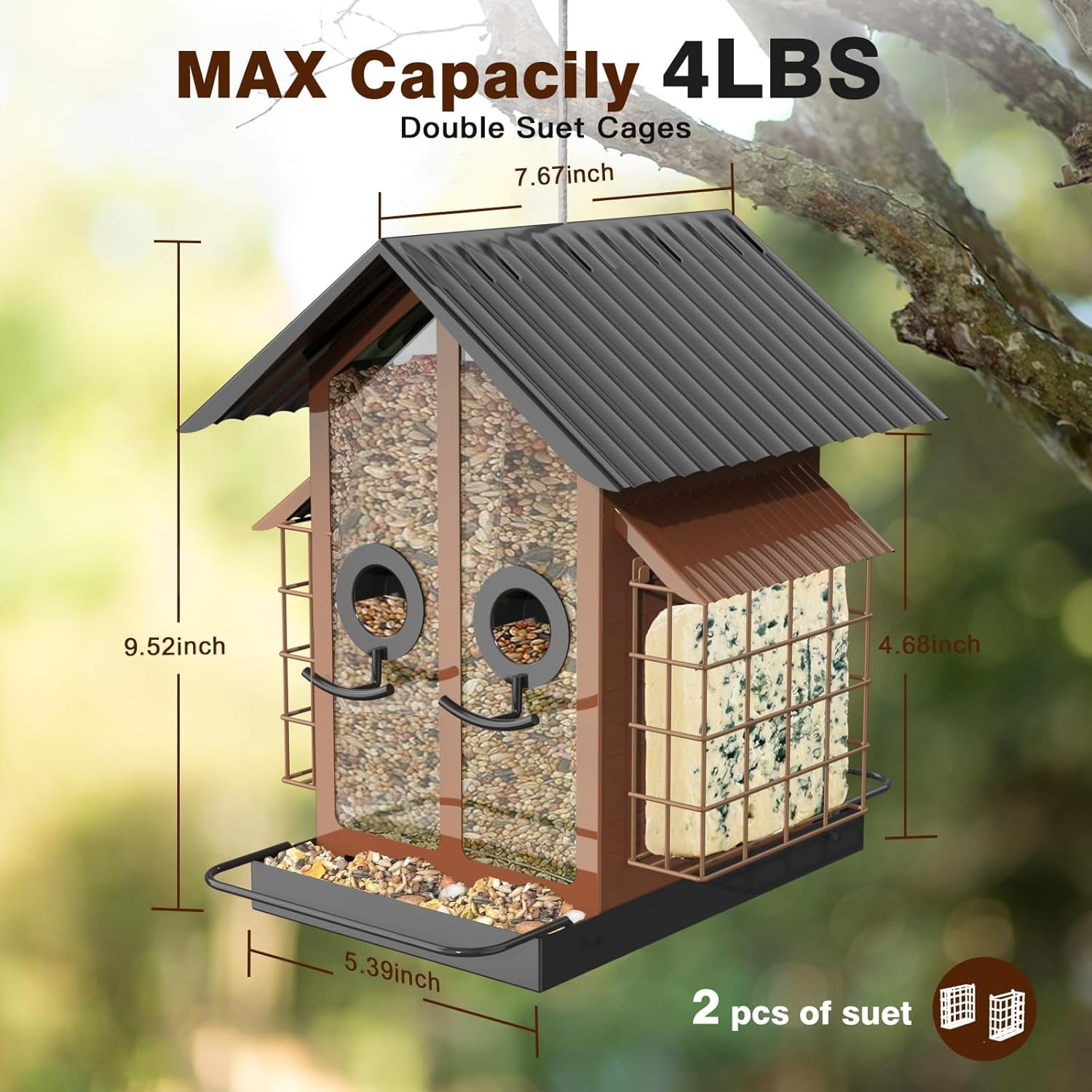 Bird Feeders for Outdoors, Metal Bird Feeder with Double Suet Cage Weatherproof Metal Roof, 2 in 1 Mixed Seeds Suet Feeder, 4Lbs Large Capacity, Great for Finch、Cardinal、Chickadee（Green）
