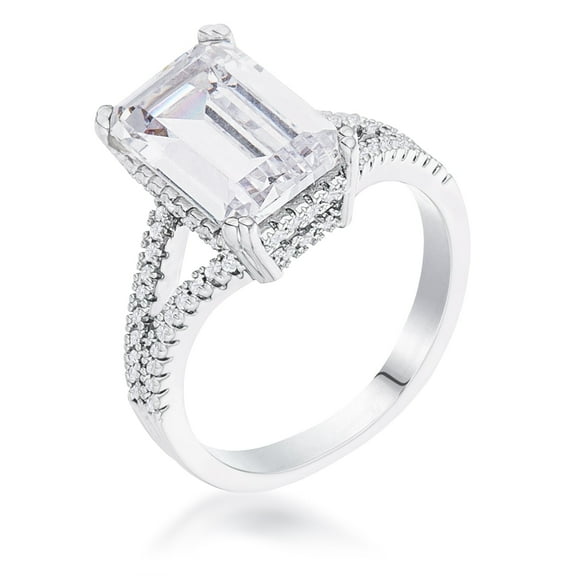 Precious Stars Silvertone Emerald-Cut Cubic Zirconia Split-Shank Engagement Ring