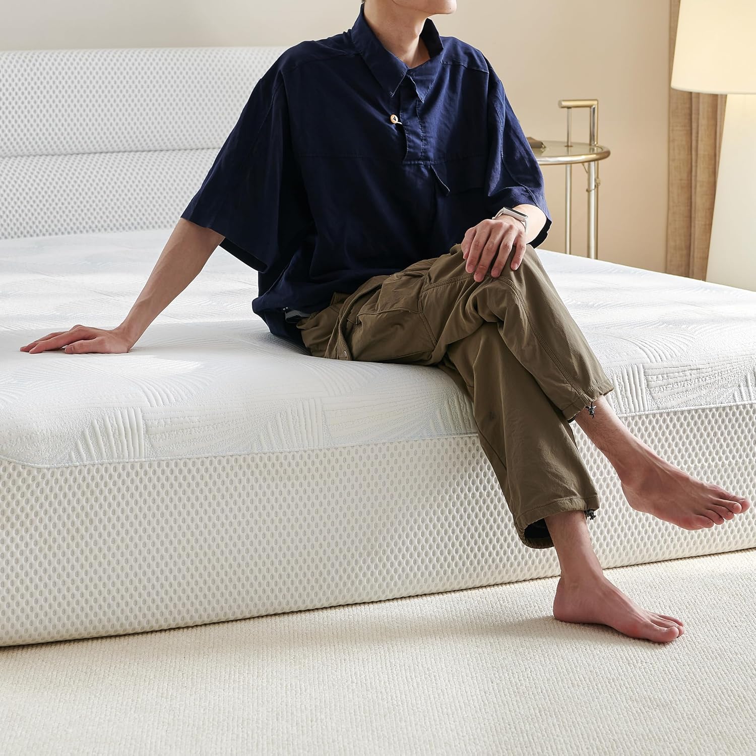 King Size Bed Frame and Mattress Set, Memory Foam Mattress in a Box, Compress Platform Bed Frame with Headboard, Cool Fabric, Medium Firm Support, No Assembly for Bedroom, Dormitory, White