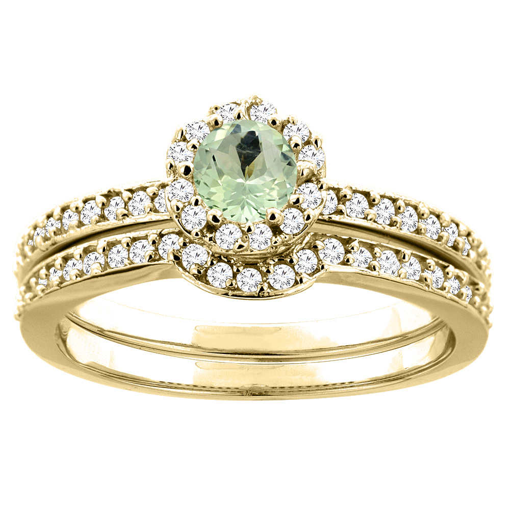 10K Yellow Gold Natural Green Amethyst 2-pc Bridal Ring Set Diamond Accent Round 4mm, sizes 5 10 by WorldJewels