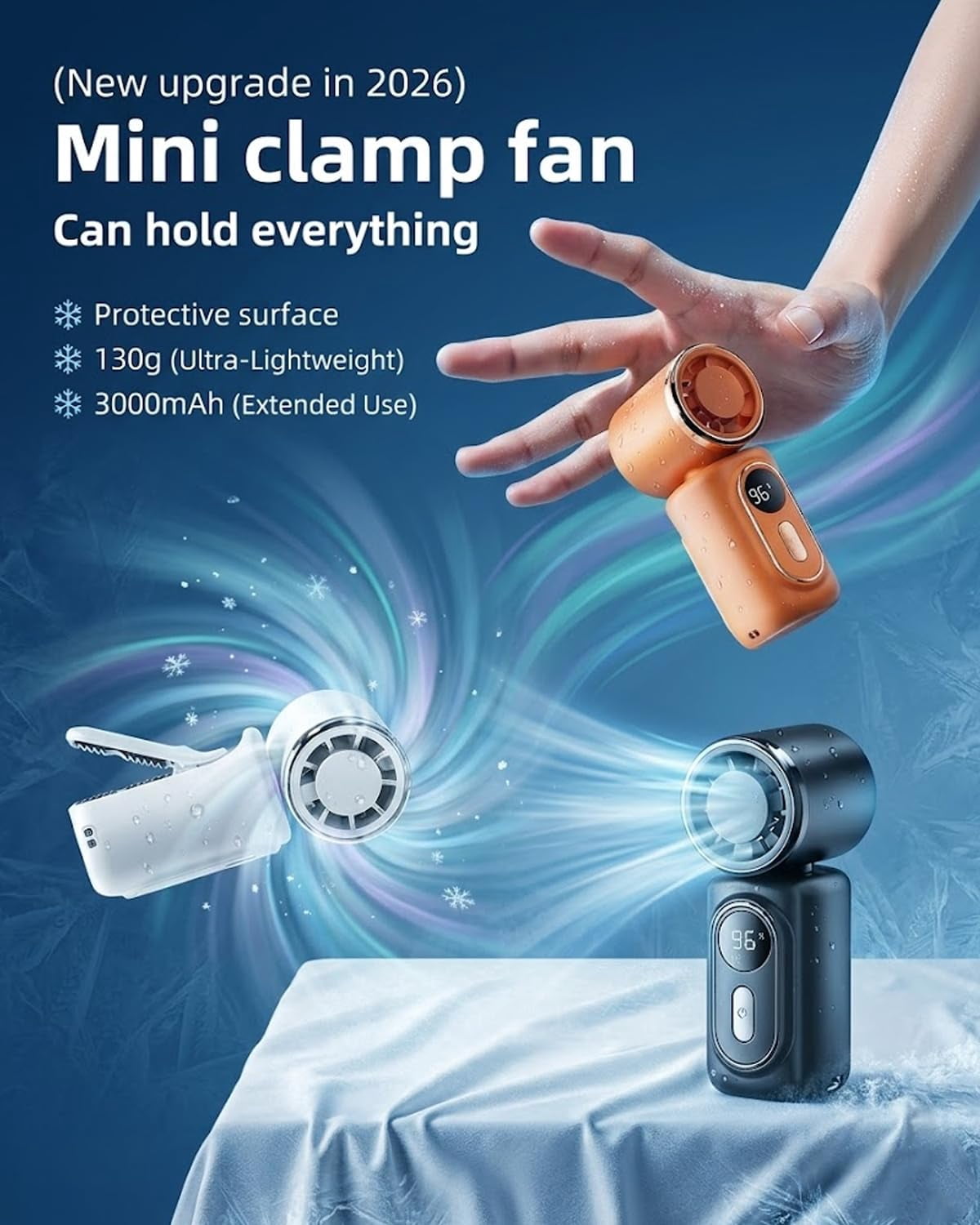 Mini Portable Handheld Clip Fan, Rechargeable 3000mAh Battery, 5 Speeds, 180° Adjustable USB Personal Desk Fan for Stroller, Travel, Camping, Office & Baby