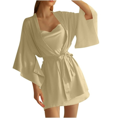 POIUYTR Satin Babydoll Nightdress for Women - Spaghetti Strap Backless Short Dress with Bathrobe Set Valentines Gift for Her  Bridal Set Accessories