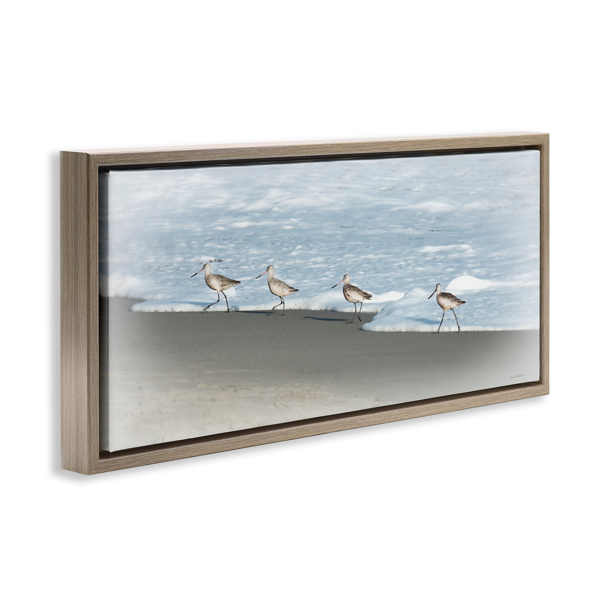 Stupell Industries Four Sandpipers on Beach Nautical & Beach Painting Brown Floater Framed Canvas Art Print Wall Art, 31 x 14