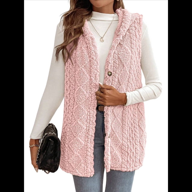 Chaleco Informal con Capucha de de Doble Cara para Mujer, Otoño-Invierno, Informal, Extragrande, Cálido, con Botones. Rosa S
