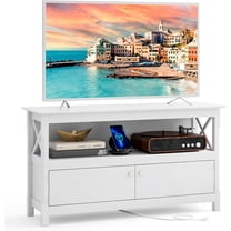 CZMJY Farmhouse TV Stand for TVs up to 50 Inch, Media Entertainment Center with Charging Station, USB & Type C Ports, Storage Shelf & 2 Cabinets, Television Console Table for Living Room (White)