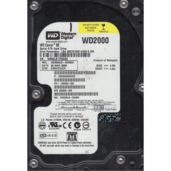 WD2000JD-22HBC0, DCM DSBHCVJCH, Western Digital 200GB SATA 3.5 Hard Drive