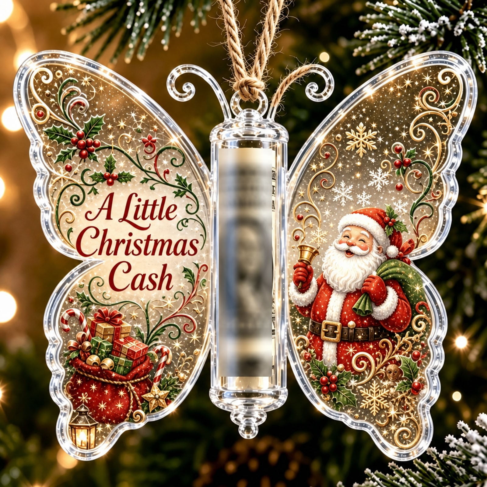 Linnome Linnome Acrylic Christmas Money Ornament Cash Gift Card Holder Hanging Tree Decoration with Hanging String Slot for Xmas Tree Wreath Mantel Reusable Holiday Gift Keepsake/Christmas Butterfly