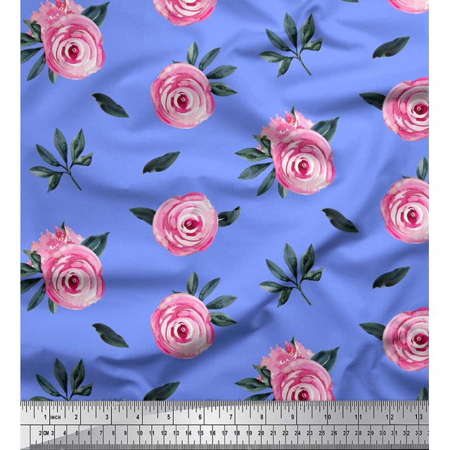 Soimoi Blue Rayon Fabric Leaves & Ranunculus Floral Fabric Prints By Yard 42 Inch Wide