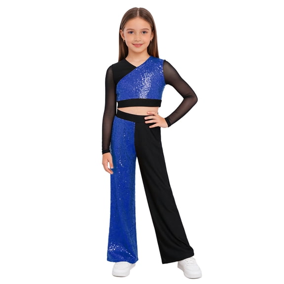 inlzdz Girls Sparkly Hip Hop Jazz Dance Outfit Sequin Long Sleeve V Neck Crop Top with Pants Dancewear Royal Blue 12