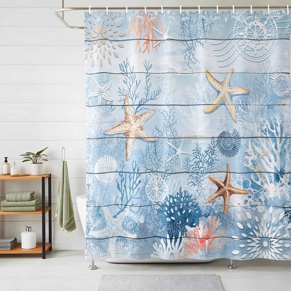 Shower Curtains for Bathroom, Blue Coastal Waterproof Fabric Shower Curtain, Starfish Coral Summer Beach Nautical Decorative Bathroom Curtain for Bathtub, 72"x72", No Hooks Included