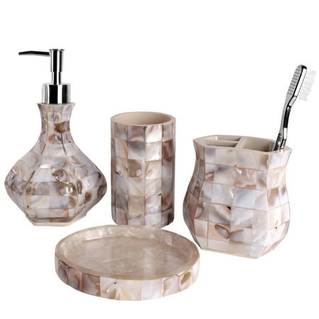 Bathroom Ensembles Sets Milano Bath Ensemble, 4 Piece Bathroom Accessories Set, Mother of Pearl Milano Collection Bath Set Features Soap Dispenser, Toothbrush Holder, Tumbler, Soap Dis ()