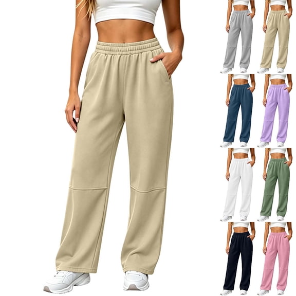 Ashyfjp Womens Solid Color Wide Leg Joggers Elastic Waistband Casual Trousers with Side Hand Pockets and Decorative Seams Versatile Commuting Wear, Size (S-3XL)