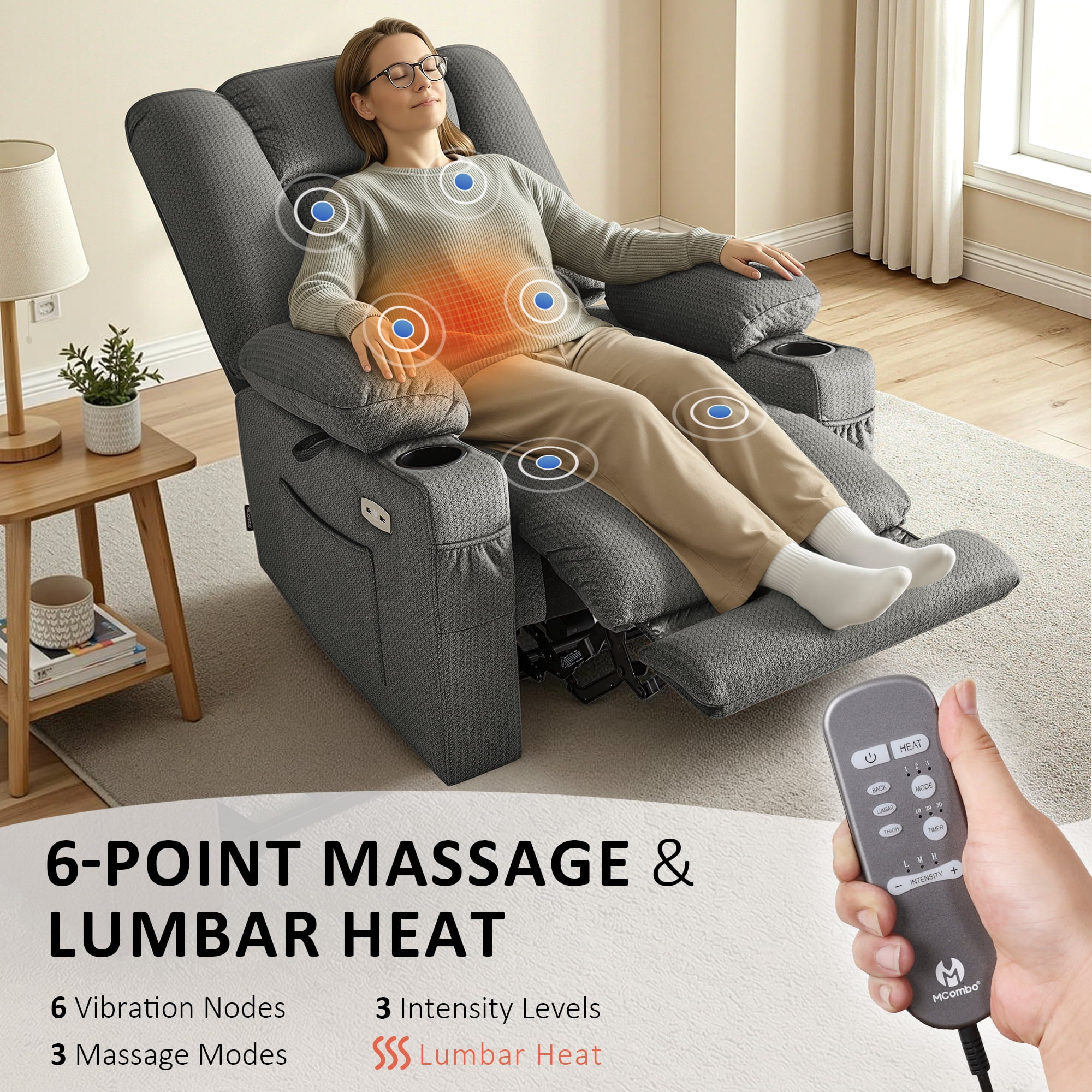 MCombo Electric Power Recliner Chair w/ Massage USB Cup Holders for Living Room Grey Fabric 6079