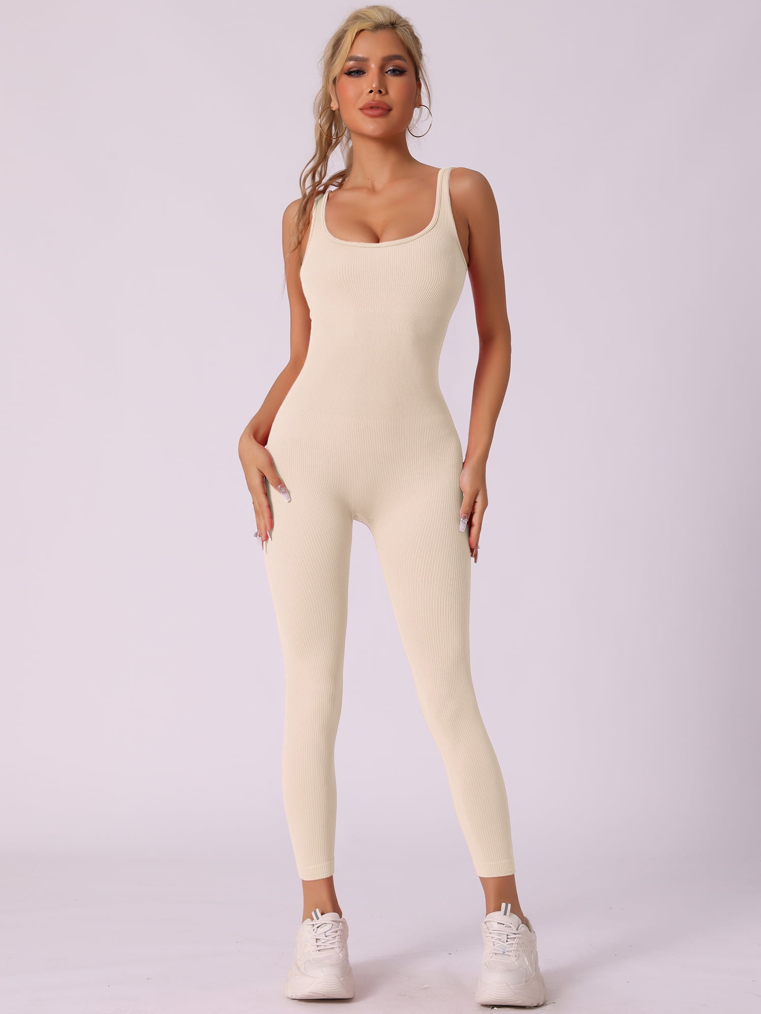 DARING DIVA U Neck Tummy Control Workout Sleeveless Bodysuit S Beige