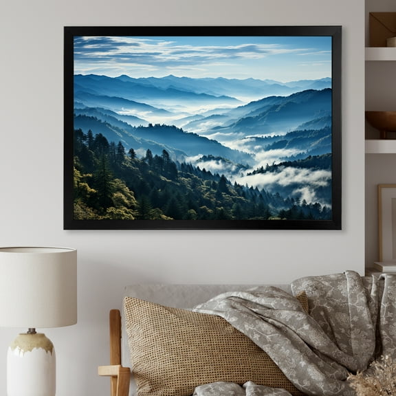 Designart "Morning Majesty Blue Vistas I" Landscapes Framed Wall Art Decor - Country Blue Mountains Entryway Framed Wall Art Print