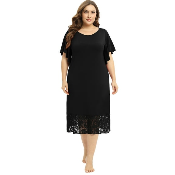 Women's Plus Size Nightgowns Short Sleeve Sleepwear Soft Round Neck Nightdress Pajama Shirts Flutter Sleeve Lace Panels Nightwear Homewear,Black XL-4XL