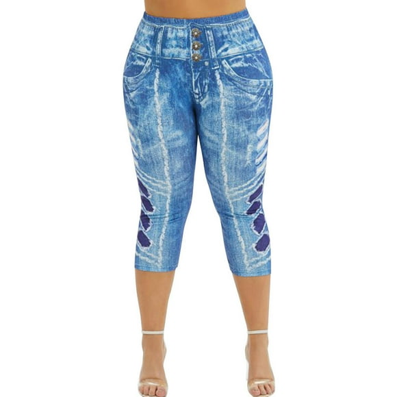 KVMeteor Women's Plus Size Imitation Denim Printing High Waist Pants