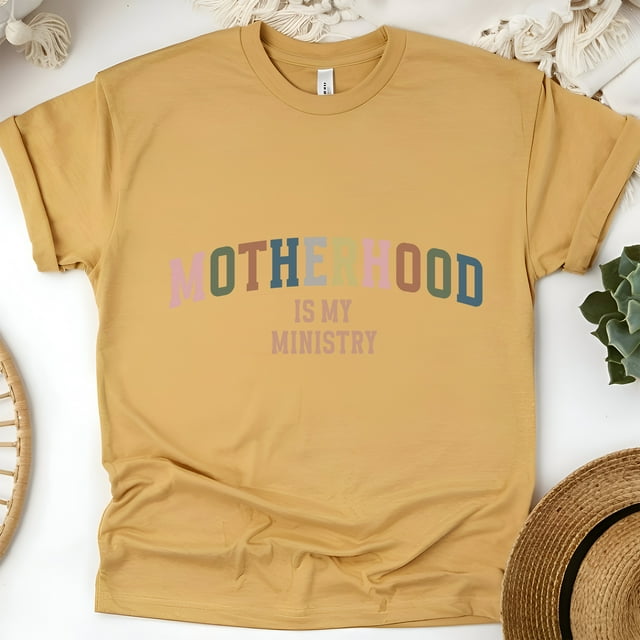 Motherhood Is My Ministry Christian T-Shirt Inspirational Mom Tee, Gold, Size S