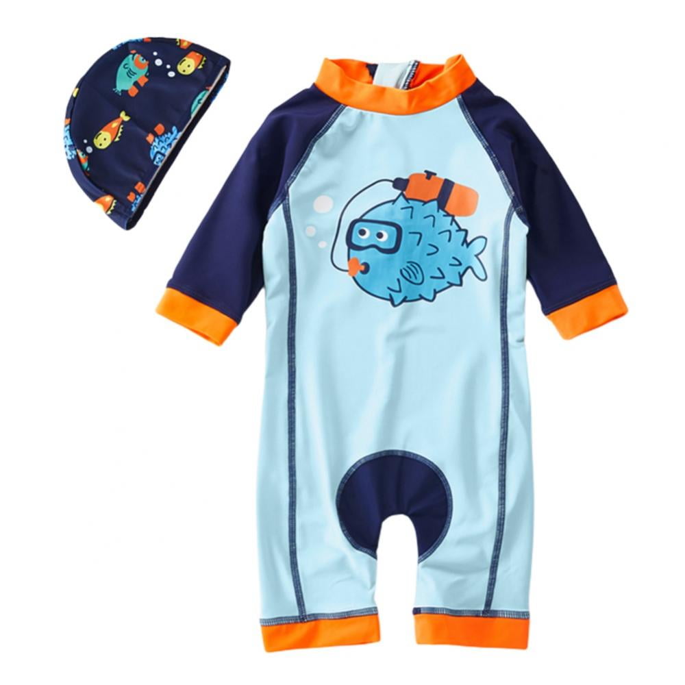 Baby Boy Sunsuits UPF 50 One Piece 3/4 Sleeves Swimsuits Zipper with Sun Hat 