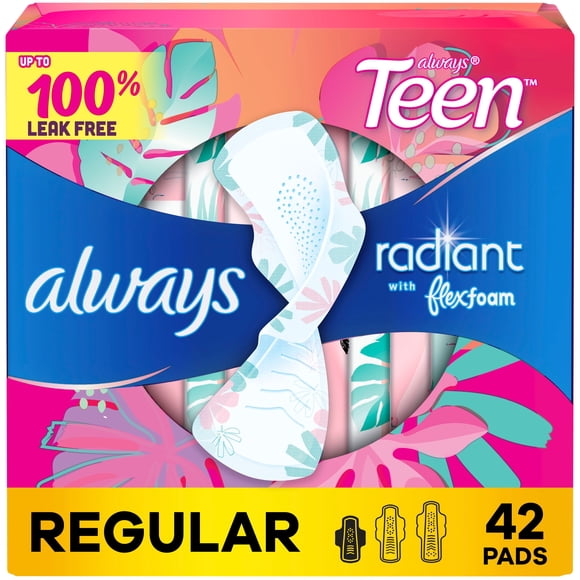 Always Radiant Teen Pads, Size 1, Regular, with Wings, Unscented