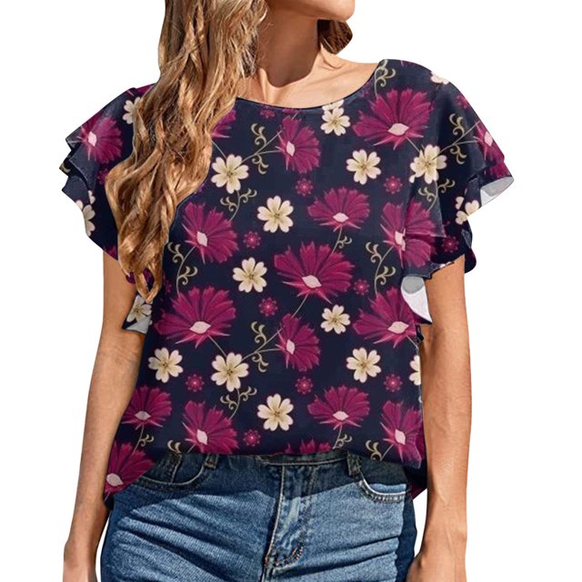 Blouse d'Été Grande Taille à Manches Courtes pour Femmes Mode Décontractée Col Rond à Volants Manches Courtes Imprimée Pull Col en V T-Shirt Femmes en Solde