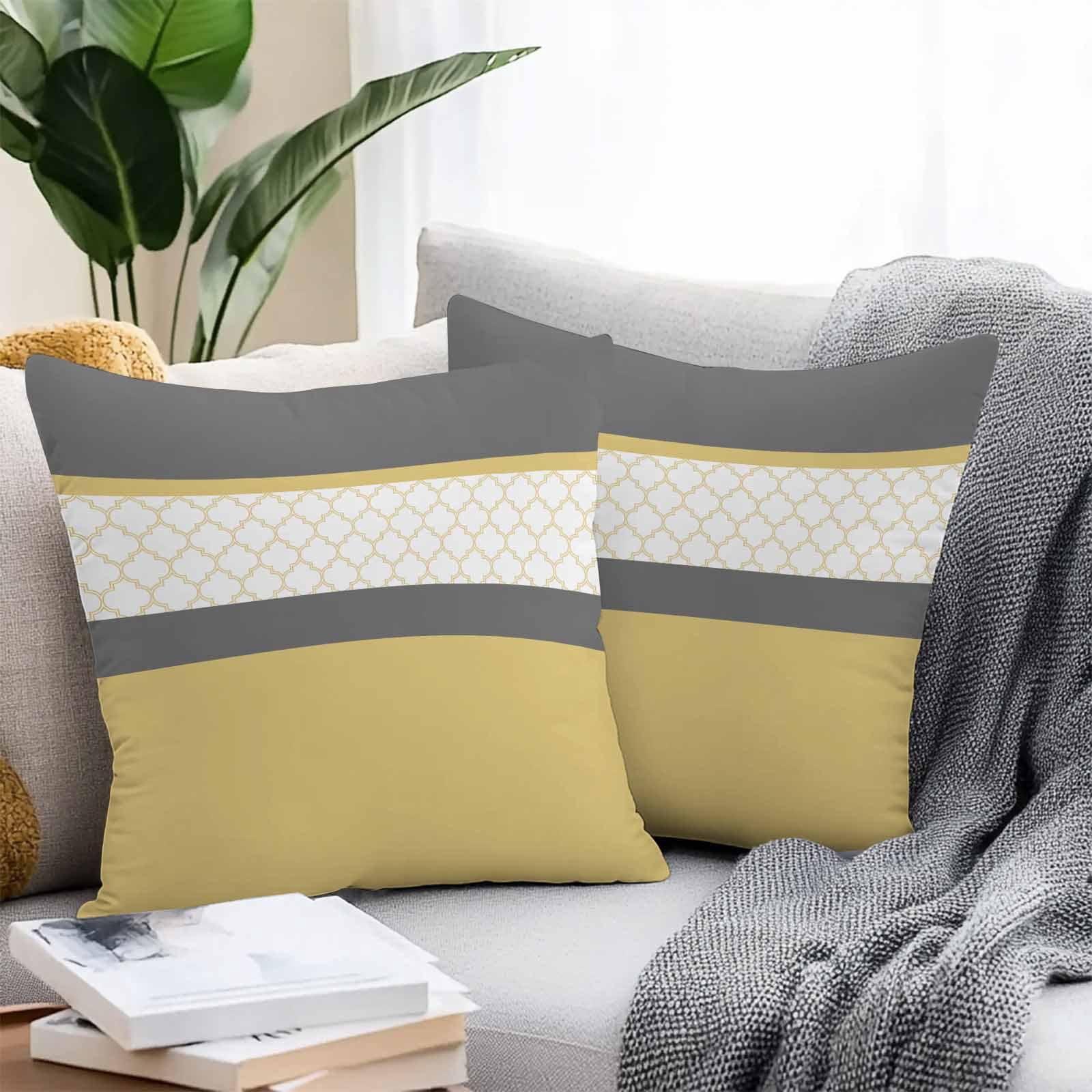 Abstract Yellow Outdoor Pillow Covers Set of 2 Grey Stripes Moroccan Geometric Modern Retro Waterproof Throw Pillow Case Decorative Square Cushion Cover for Patio Couch Garden Balcony, 18"x18"