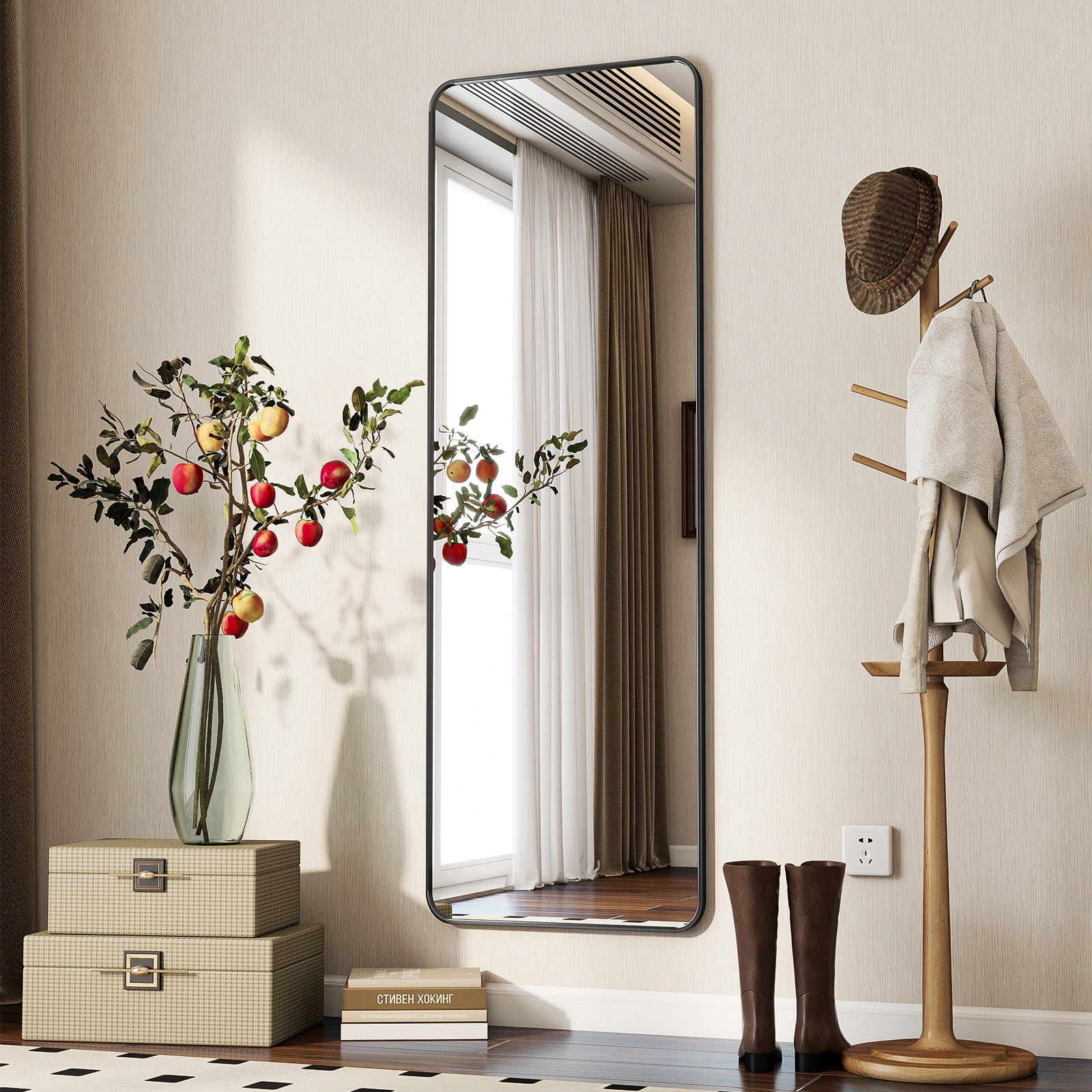 Mistory 59"x16" Full Length Mirror Rounded Corner Floor Mirror with Metal Frame, Black