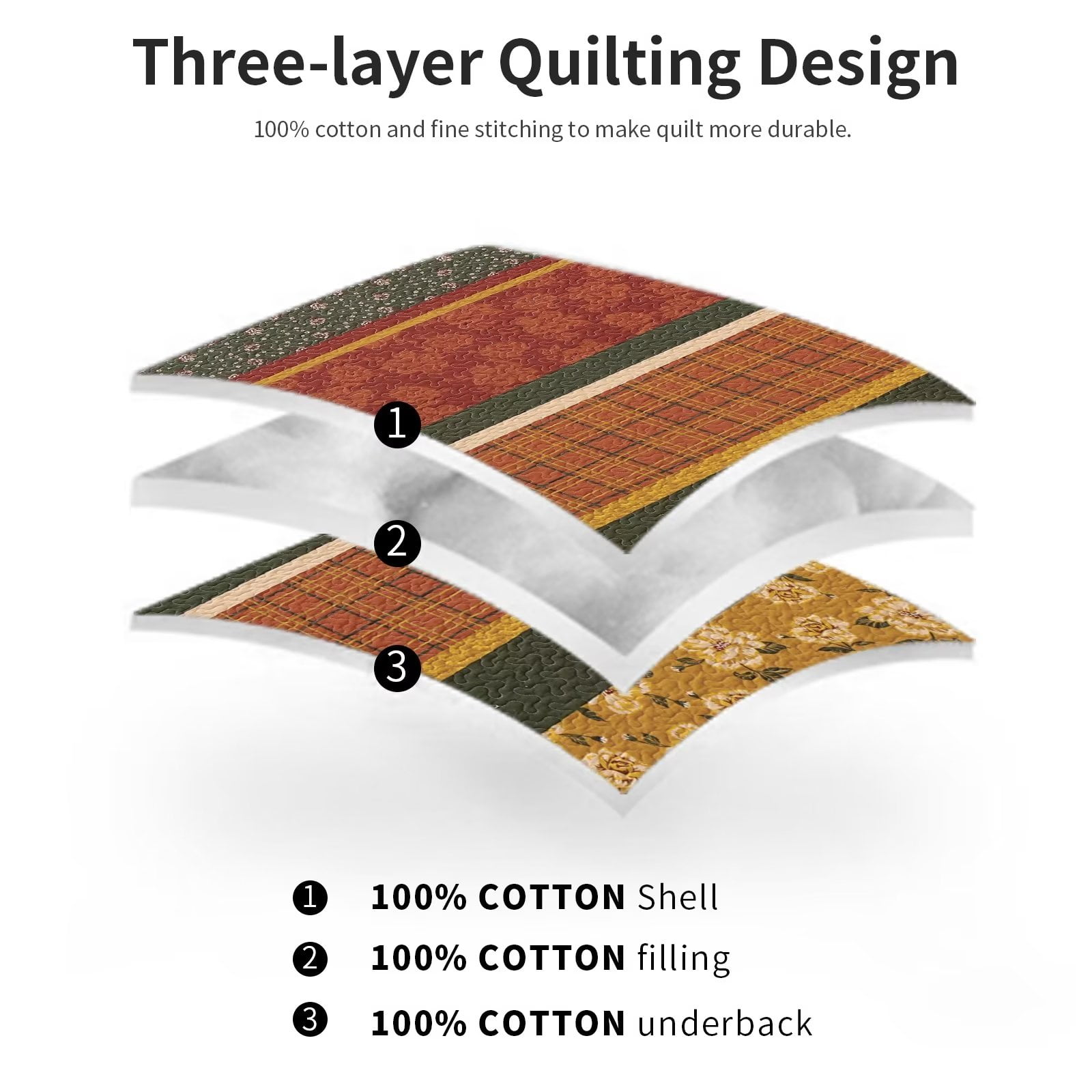 DDUOXIN Bohemian Fall King Quilt - 100% Cotton Floral Brown & Gold & Green Striped King Size Quilt Set, Lightweight Boho Bedspread Autumn Gift 3-Piece Quilt Comforter Set with 2 Pillowsham, 98"x106"