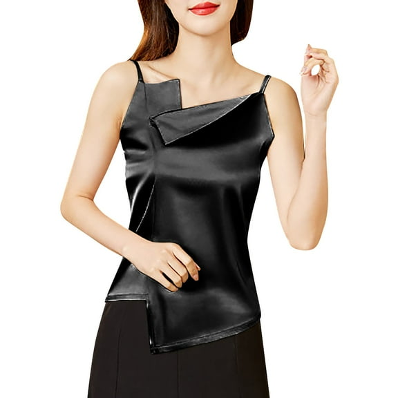 ManxiVoo Elegant Satin Feel Sleeveless Camisole Top for Women with a Fashionable High Slip Neckline Perfect for Layering Underneath or Wearing Alone in Warm Weather L Size Black