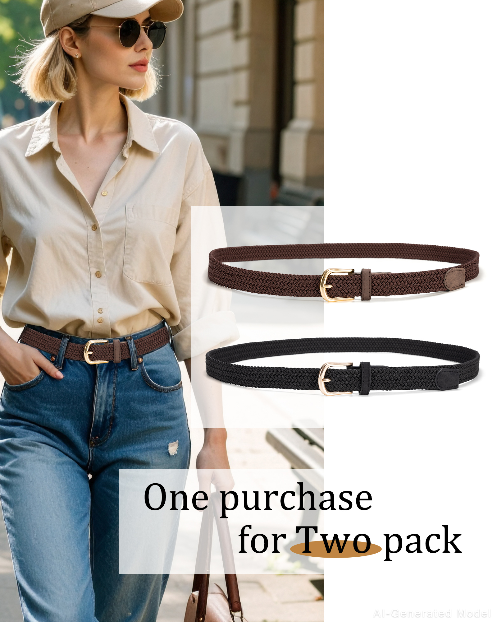 Maikun Women's Elastic Braided Woven Belt 2-Pack photo 6