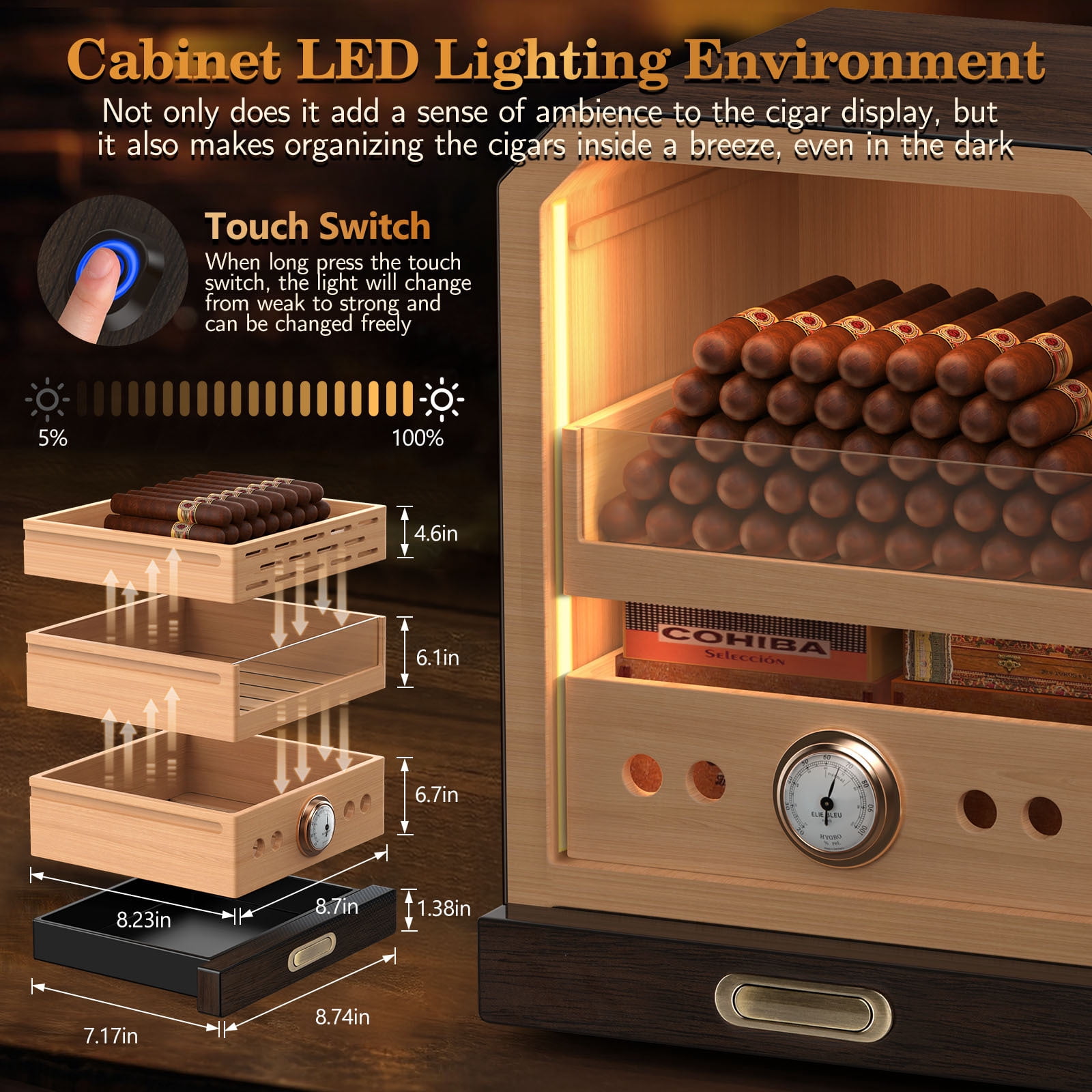 Electric Cigar Humidor Lighted Control Magnetic Door Desktop Cigar Humidor Cabinet,with Cigar Accessory Drawer 2 humidifiers 3 Layer Large Capacity Humidor,Hold 100-150 Cigars Gift for Cigar Lover