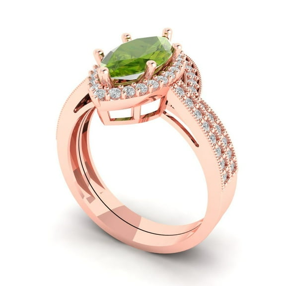 2.48 ct Brilliant Marquise Cut Natural Peridot 18K Rose Gold Halo Solitaire with Accents Engagement Bridal Wedding Ring Band Set size 3.5