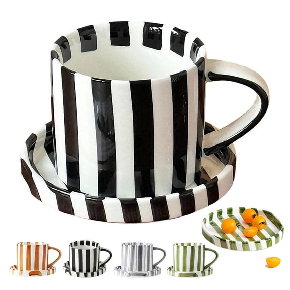 Kitchen cups Retro Striped Ceramic Coffee Mug Ceramic Mug With Hole Heat Non Cup For Coffee Juice Latte Hot Cold Drinks Home Kitchen Dining