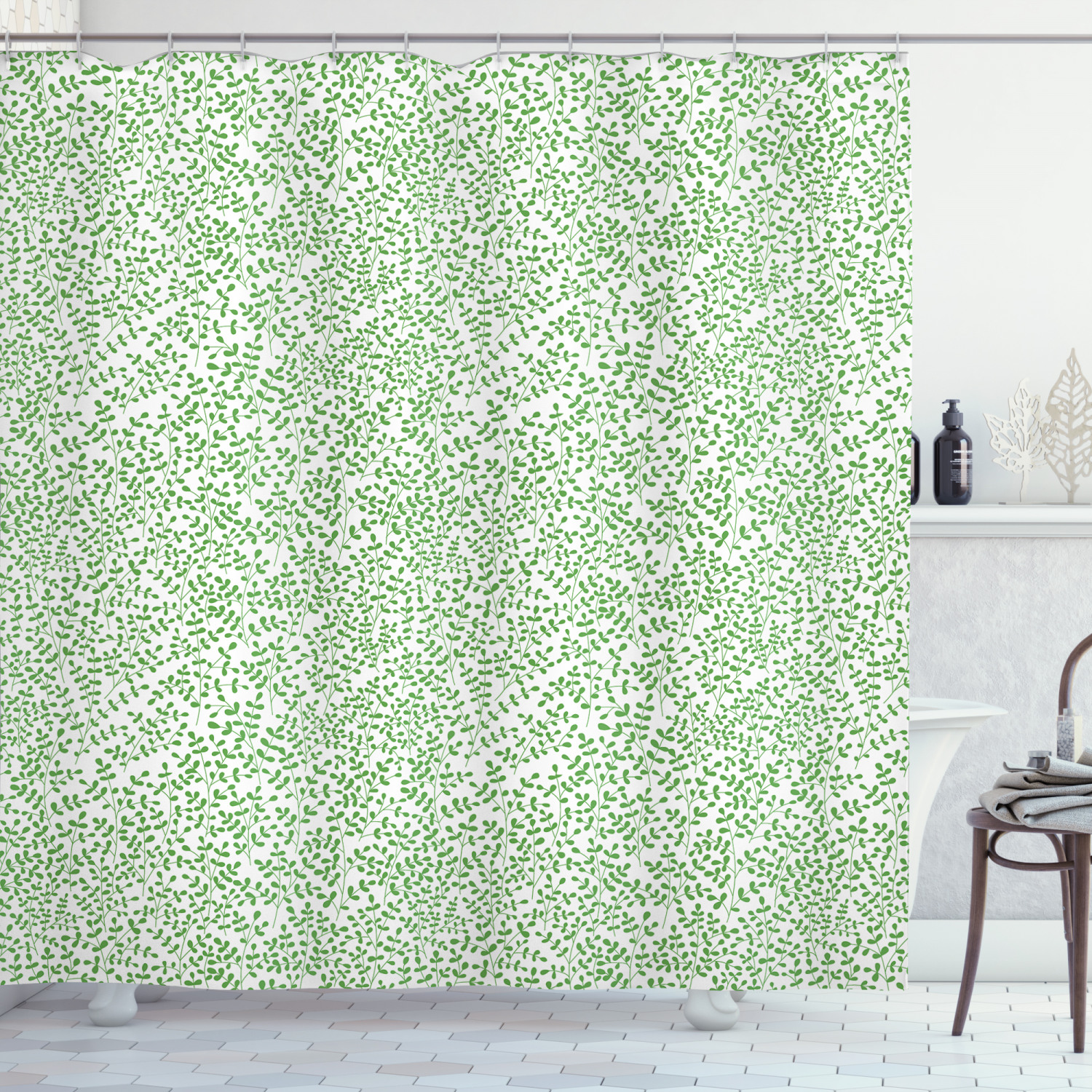 Leaves Shower Curtain, Simplistic Design of Stems and Plantation
