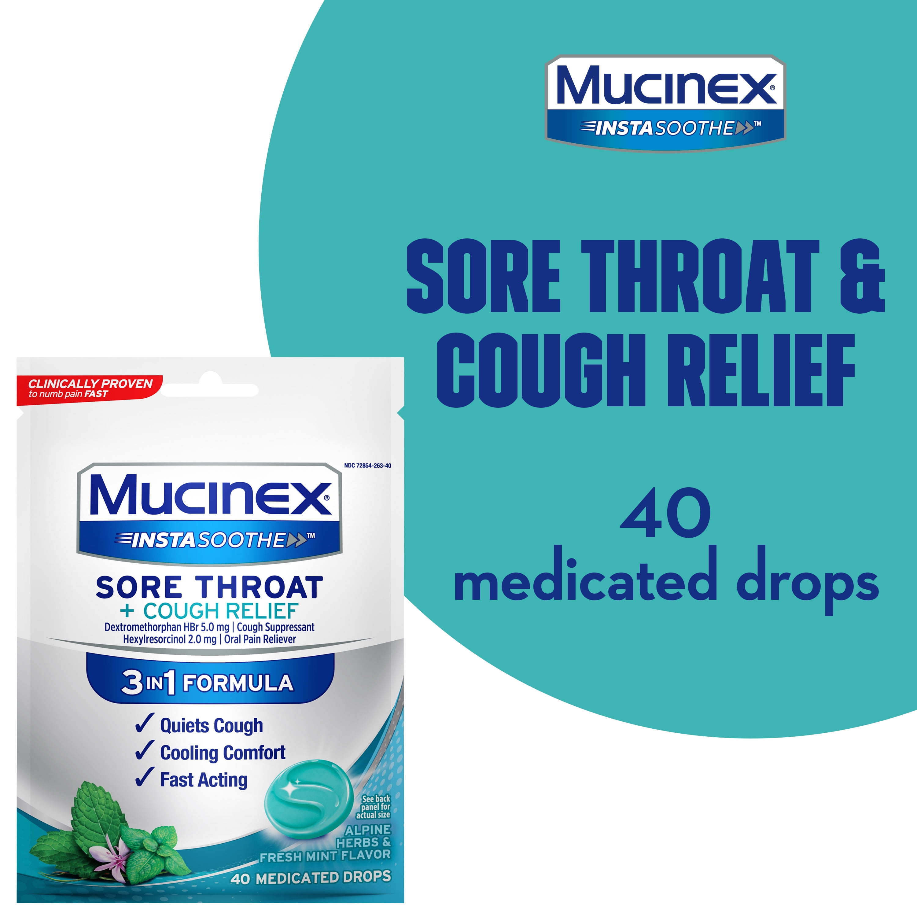 Mucinex InstaSoothe Sore Throat + Cough Relief Alpine Herbs & Mint Flavor, Fast Acting, Cooling Comfort, Powerful Sore Throat Oral Pain Reliever, 40 Medicated Drops