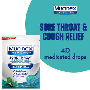 Mucinex InstaSoothe Sore Throat +   Alpine s & Mint Flavor, Fast Acting, Cooling Comfort, Powerful Sore Throat Oral Pain Reliever, 40 Medicated Drops