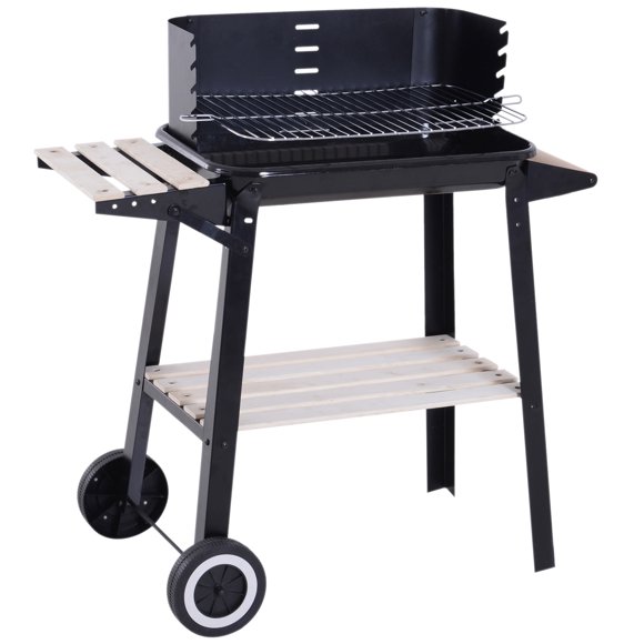 Outsunny Portable Outdoor Charcoal BBQ Grill with Adjustable Cooking Grate & Wind Shield, Barbecue Trolley with Storage Shelves and Wheels for Outdoor Cooking