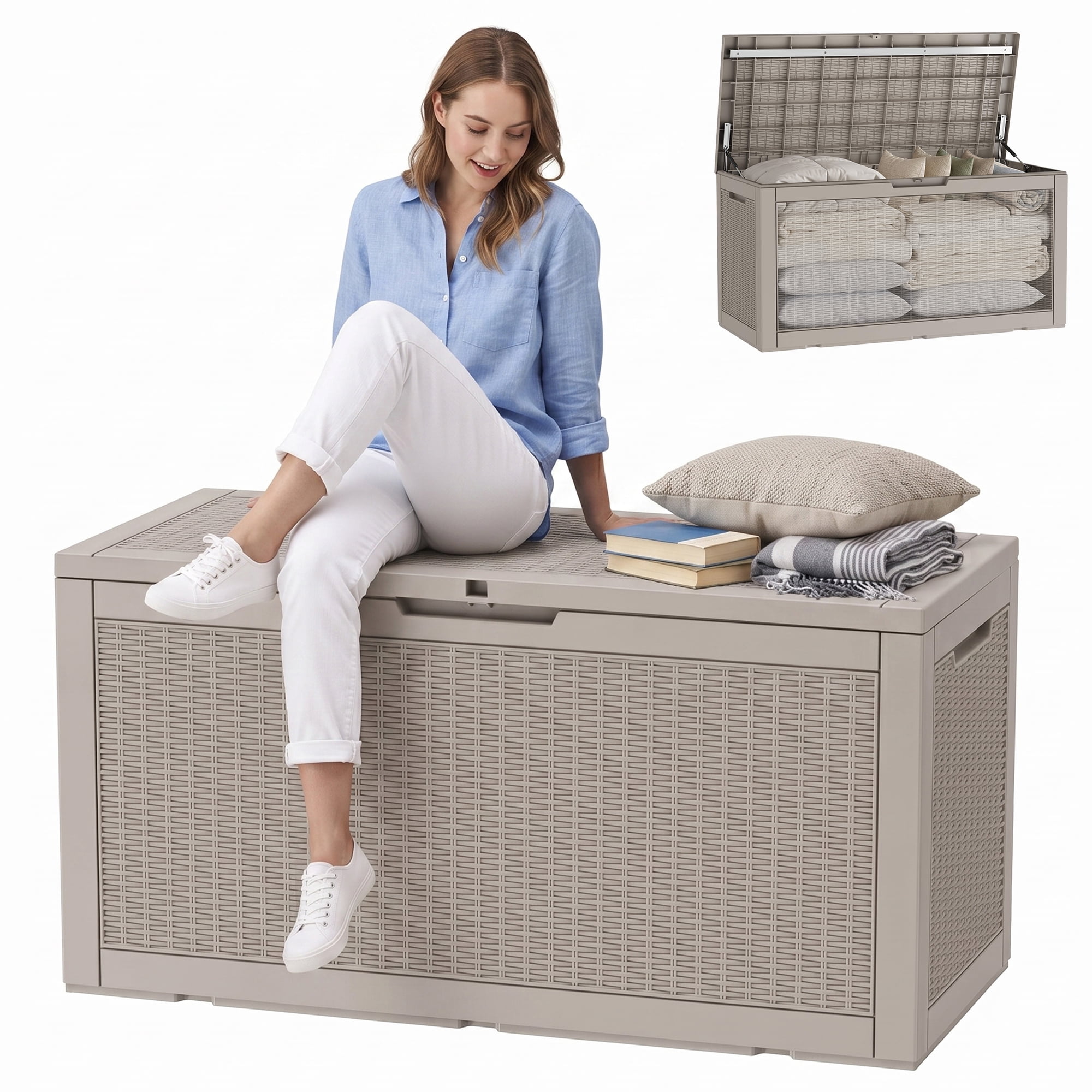 fazzn 110 Gallon Resin Deck Box Outdoor Indoor Waterproof Storage Box for Patio Furniture Pool Accessories Storage for Cushion Garden Tools (Grey pattern)