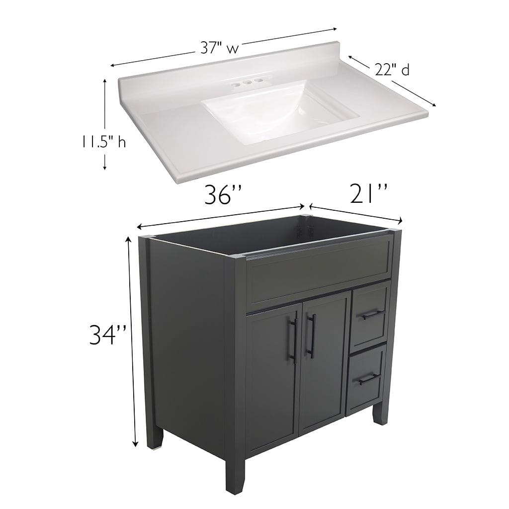 Design House Dawson 37-Inch Bathroom Vanity Combo, Ready to Assemble 2-Door 2-Drawer Cabinet with Camilla Cultured Marble Top, Sherwin-Williams® Iron Ore, Matte Black Hardware, 228478-IO