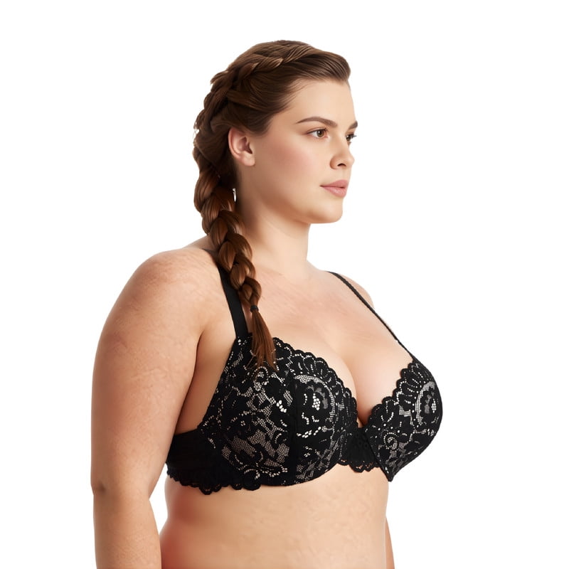 Curve Muse Women's Underwire Plus Size Push Up Add 1 and a Half Cup Lace Bras-2PK-Hot Pink,Black-46DD