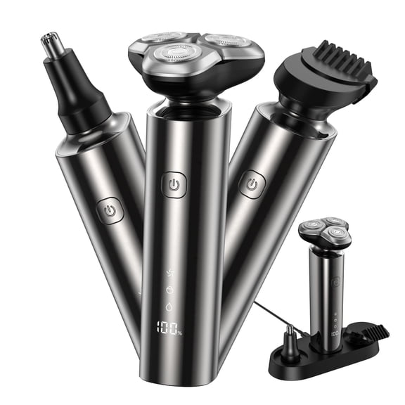3 in 1 Electric Razor for Men, Rechargeable Waterproof Men Electric Shaver with Charging Dock, Wet & Dry Shaving with Cordless Beard, Nose Hair Trimmer, 1 Hour Fast Charging, LCD Display