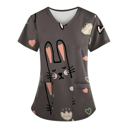 

XHJUN Scrub Tops Women Stretchy Plus Size Business Short Sleeve Tshirts Teen Girls Easter with Designs Pocket Brown XL