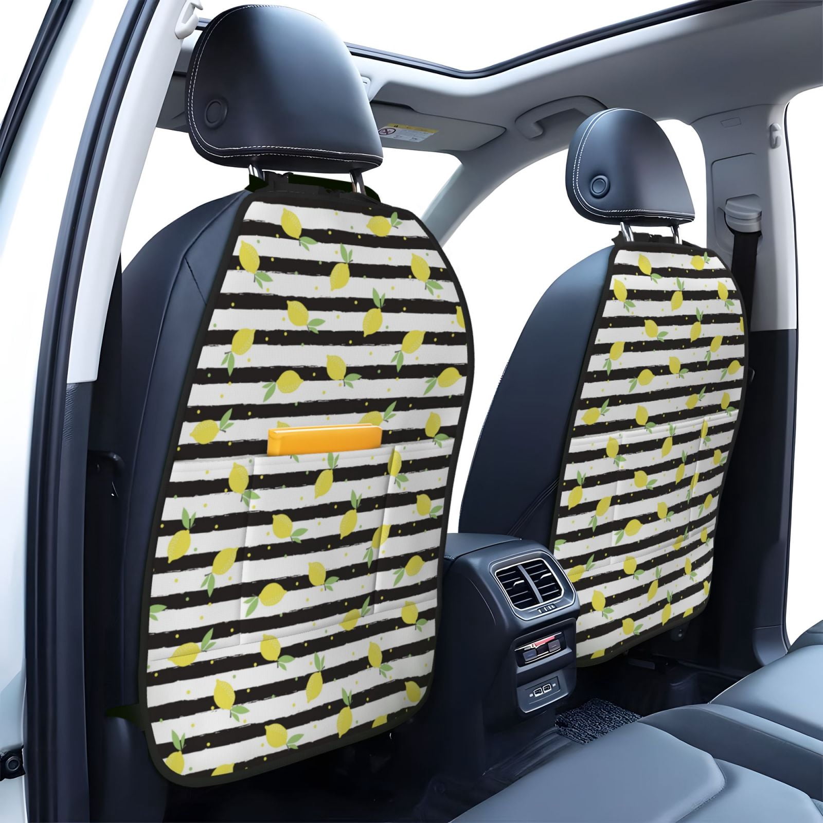 Kdxio Lemon_1 Print 2 Pack Car Kick Mat Seat Cover Back Protector Mat with Pockets for Organizer Backseat Protector and Storage Anti Kick Pad for Vehicles