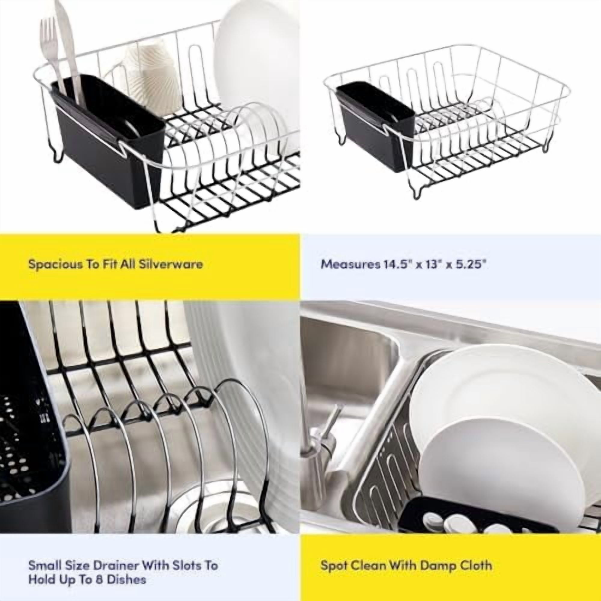 2 Piece Dish Drying Rack Set Drainer with Utensil Holder Simple Easy to Use Fits in Most Sinks, 14.5" x 13" x 5.25", Black